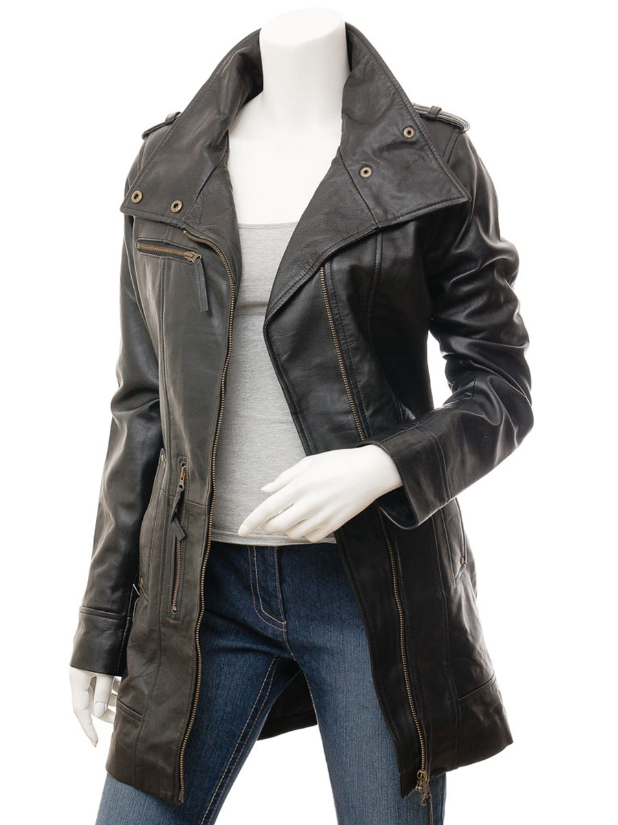 WOMEN'S BLACK LEATHER TRENCH COAT