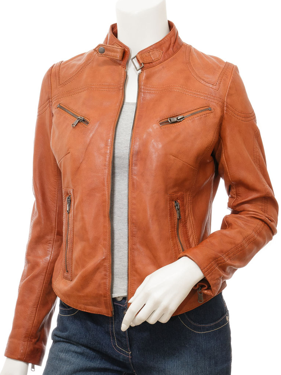 WOMEN'S TAN LEATHER BIKER JACKET