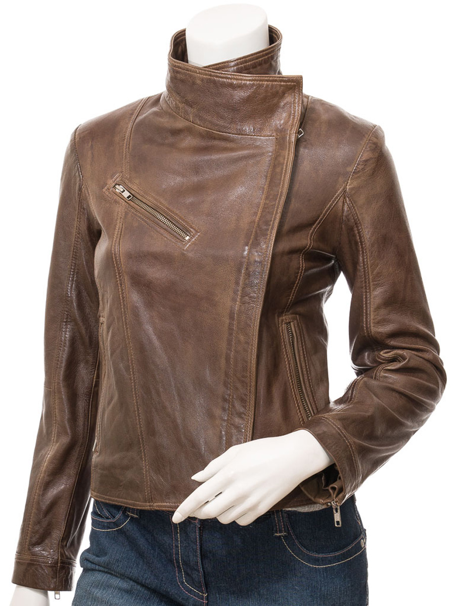 WOMEN'S BROWN LEATHER BIKER JACKET