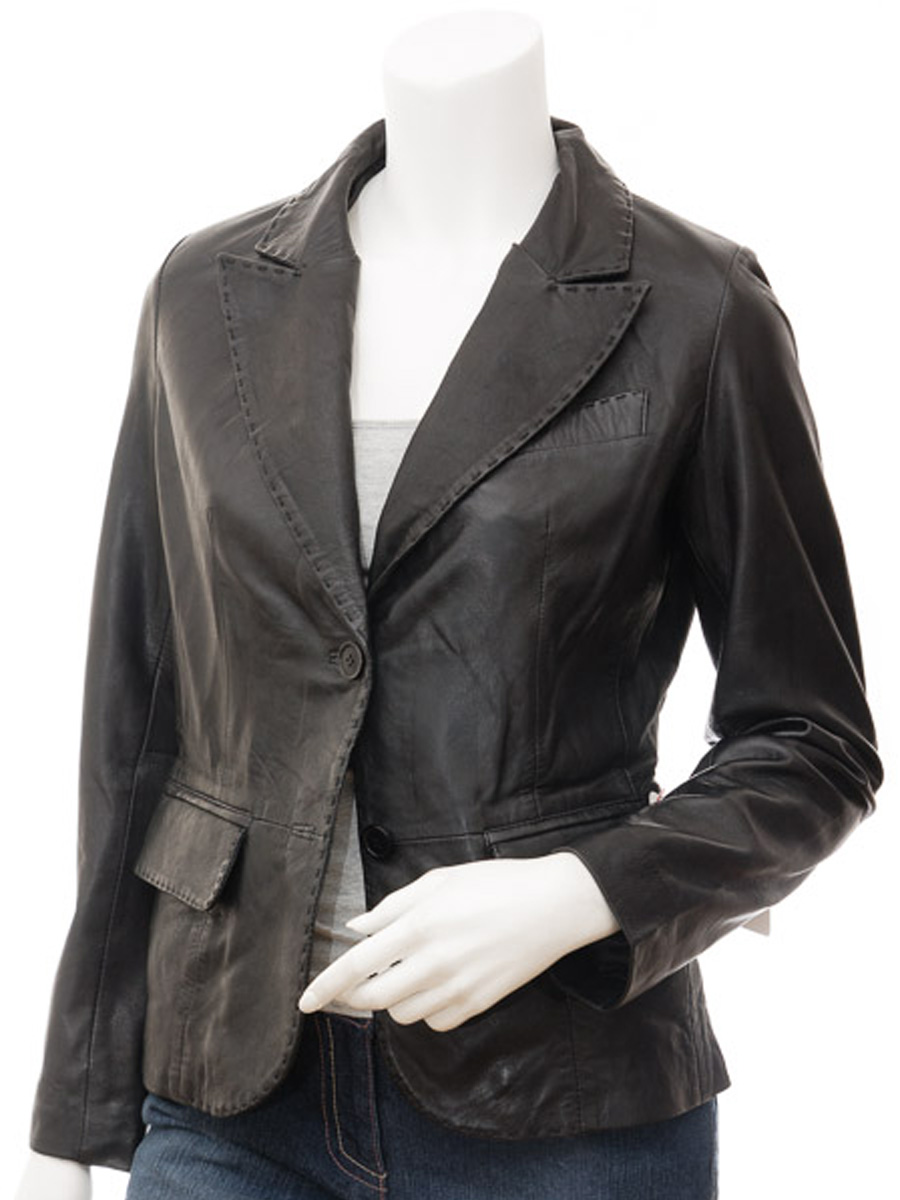 WOMENS LEATHER BLAZER IN BLACK