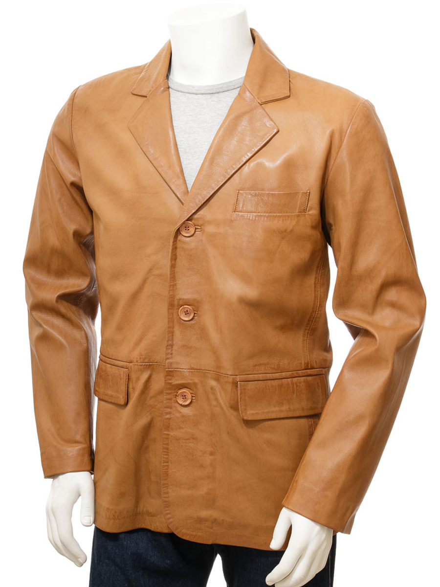 MENS LEATHER BLAZER IN TAN