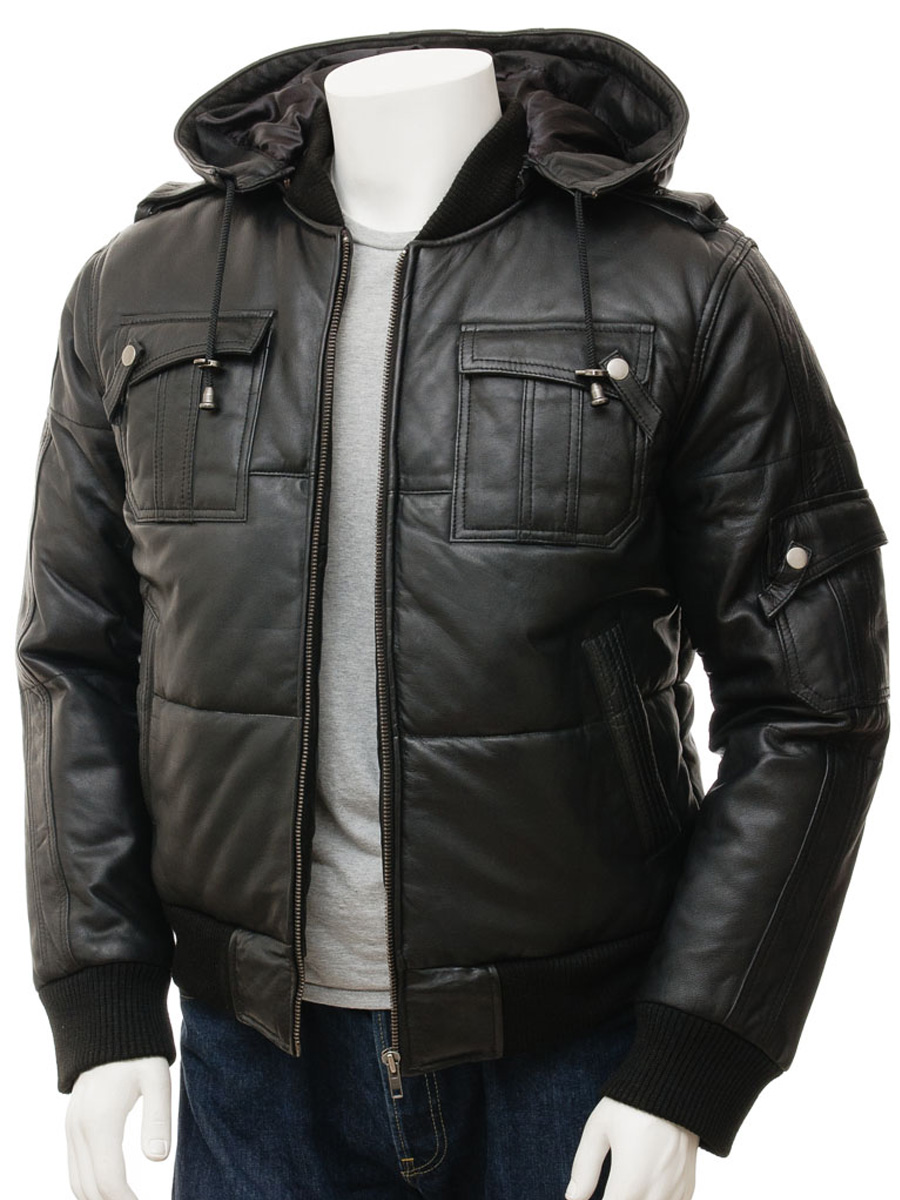 MEN'S BLACK LEATHER BOMBER JACKET