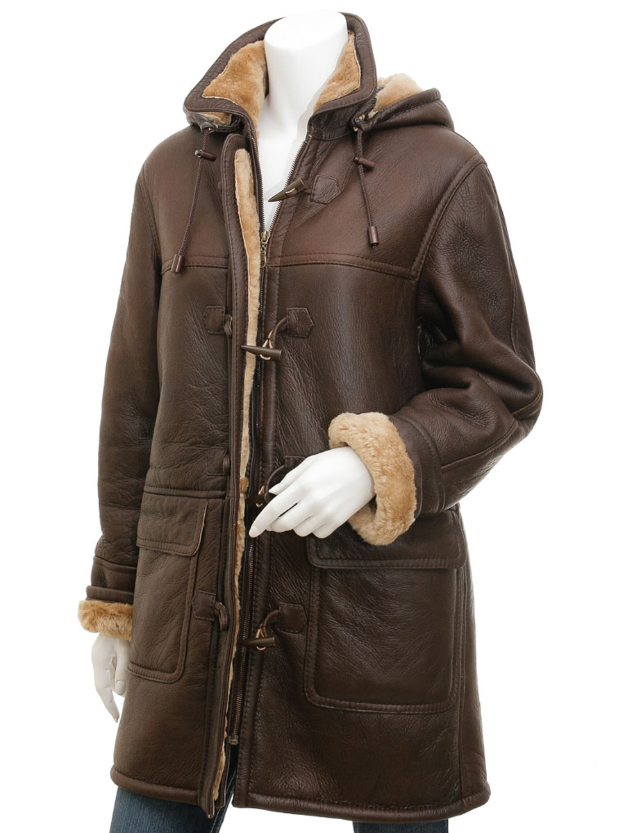 WOMENS BROWN SHEEPSKIN DUFFLE COAT