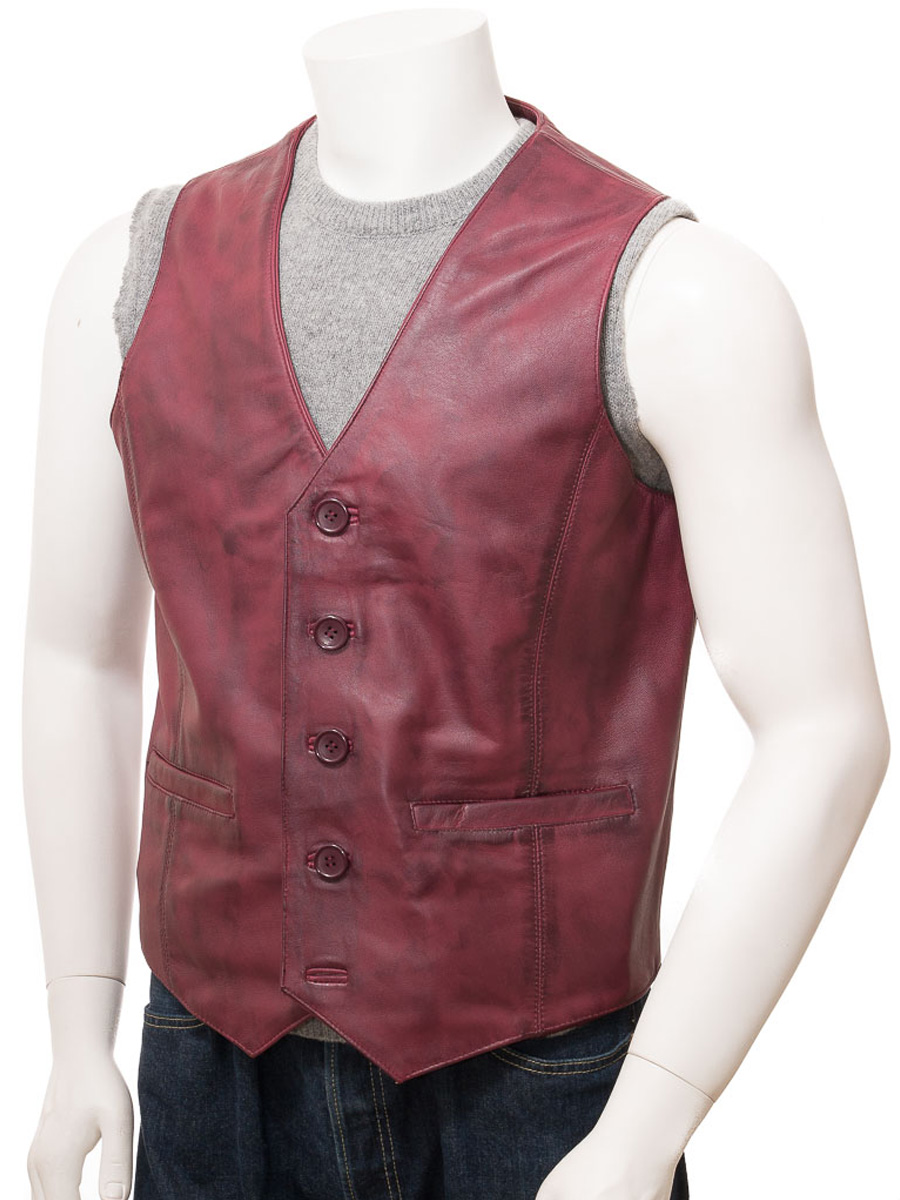 MEN'S BURGUNDY LEATHER WAISTCOAT