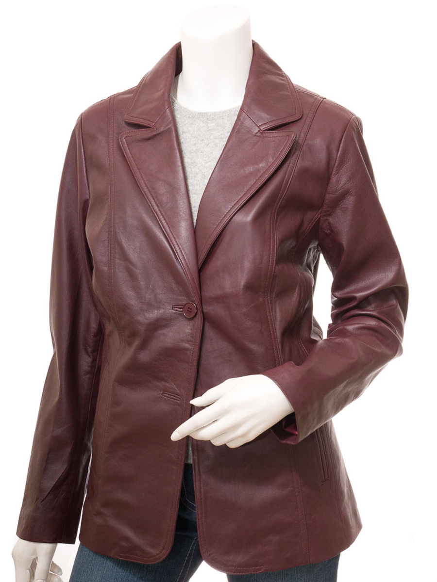 WOMENS LEATHER BLAZER IN BURGUNDY