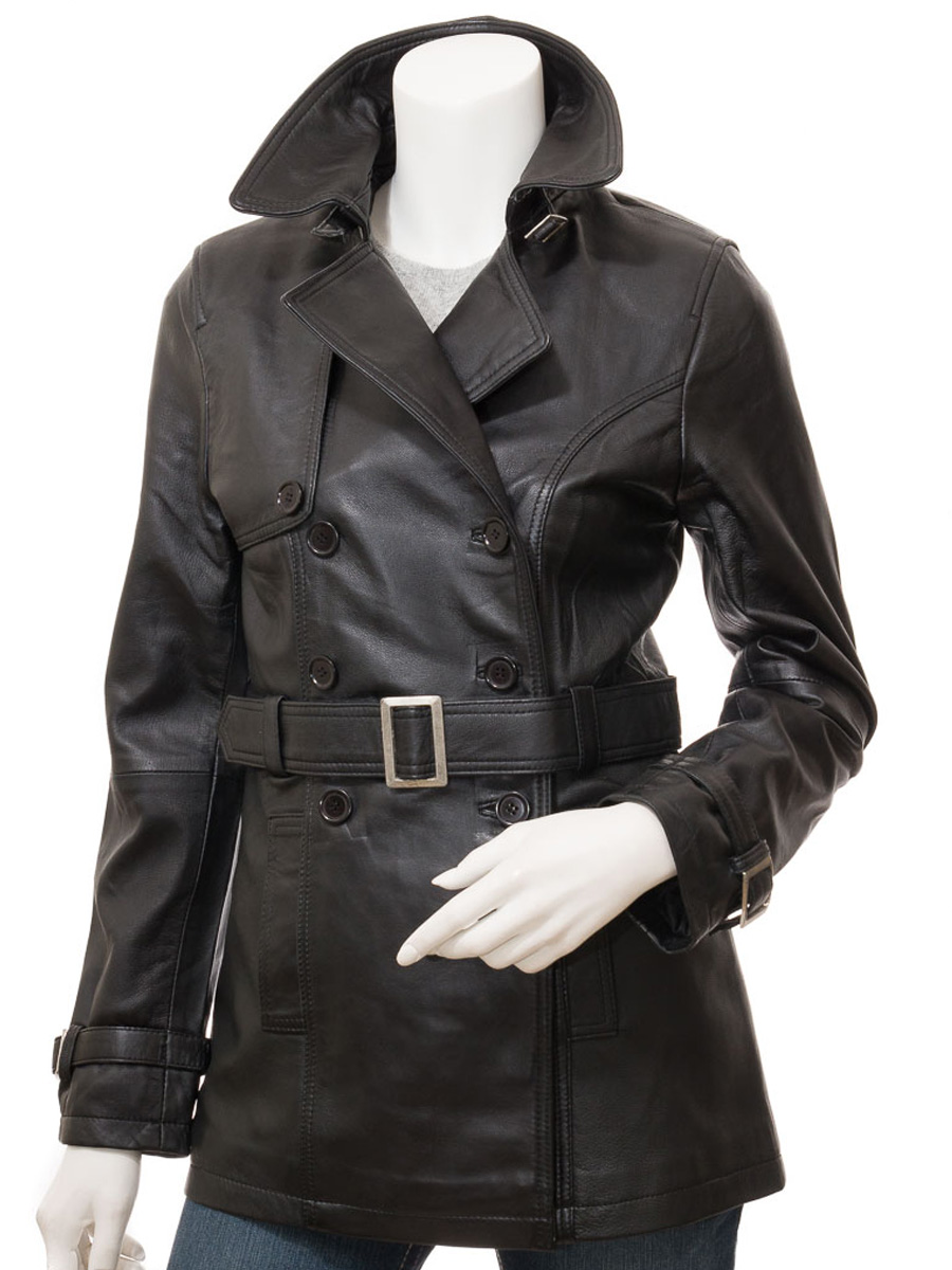 WOMENS BLACK LEATHER TRENCH COAT