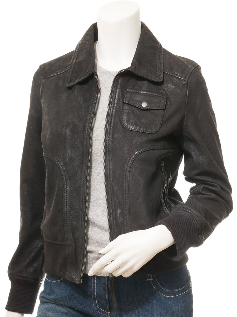 WOMEN'S BLACK LEATHER BOMBER JACKET