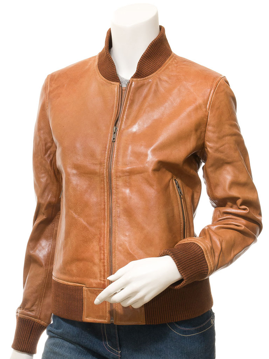 WOMEN'S TAN LEATHER BOMBER JACKET