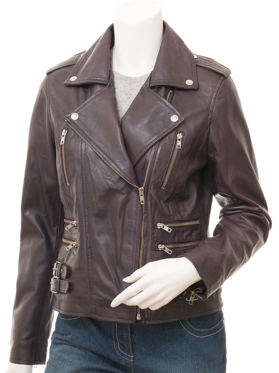 LADIES PURPLE LEATHER BIKER JACKET