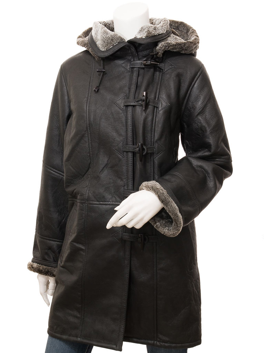 WOMEN'S BLACK SHEARLING DUFFLE COAT