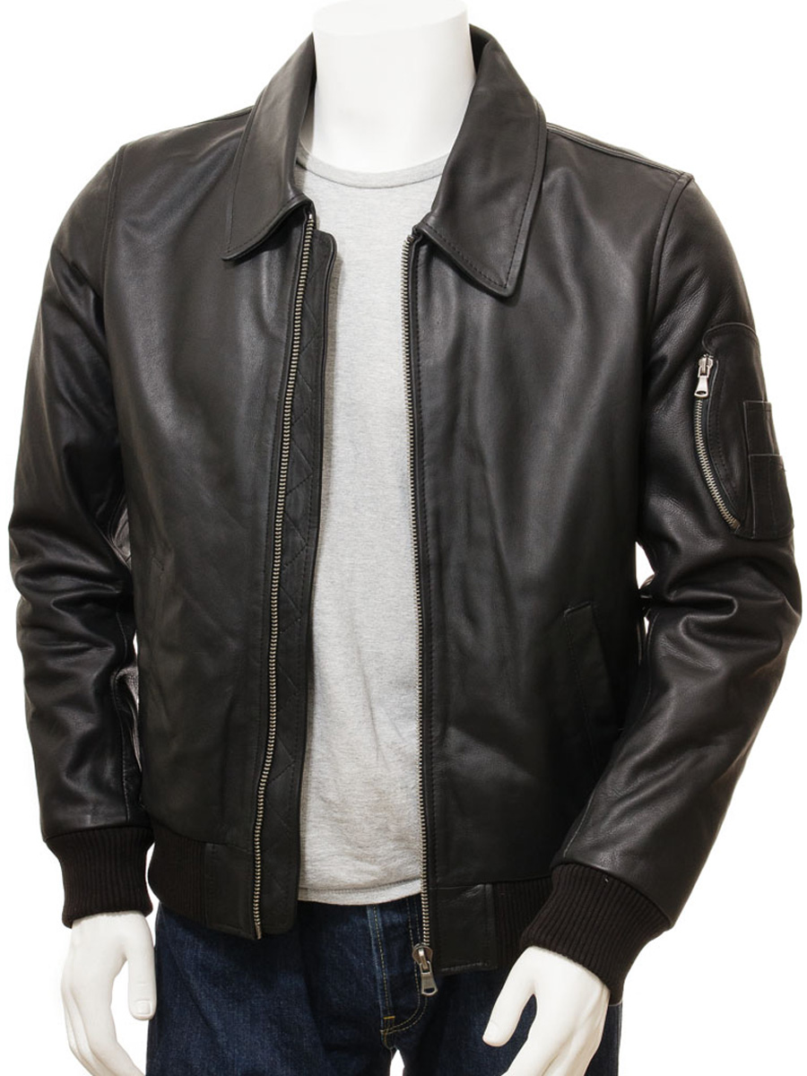 MEN'S BLACK LEATHER BOMBER JACKET