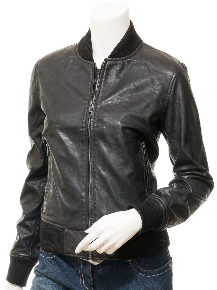 WOMEN'S BLACK LEATHER BOMBER JACKET