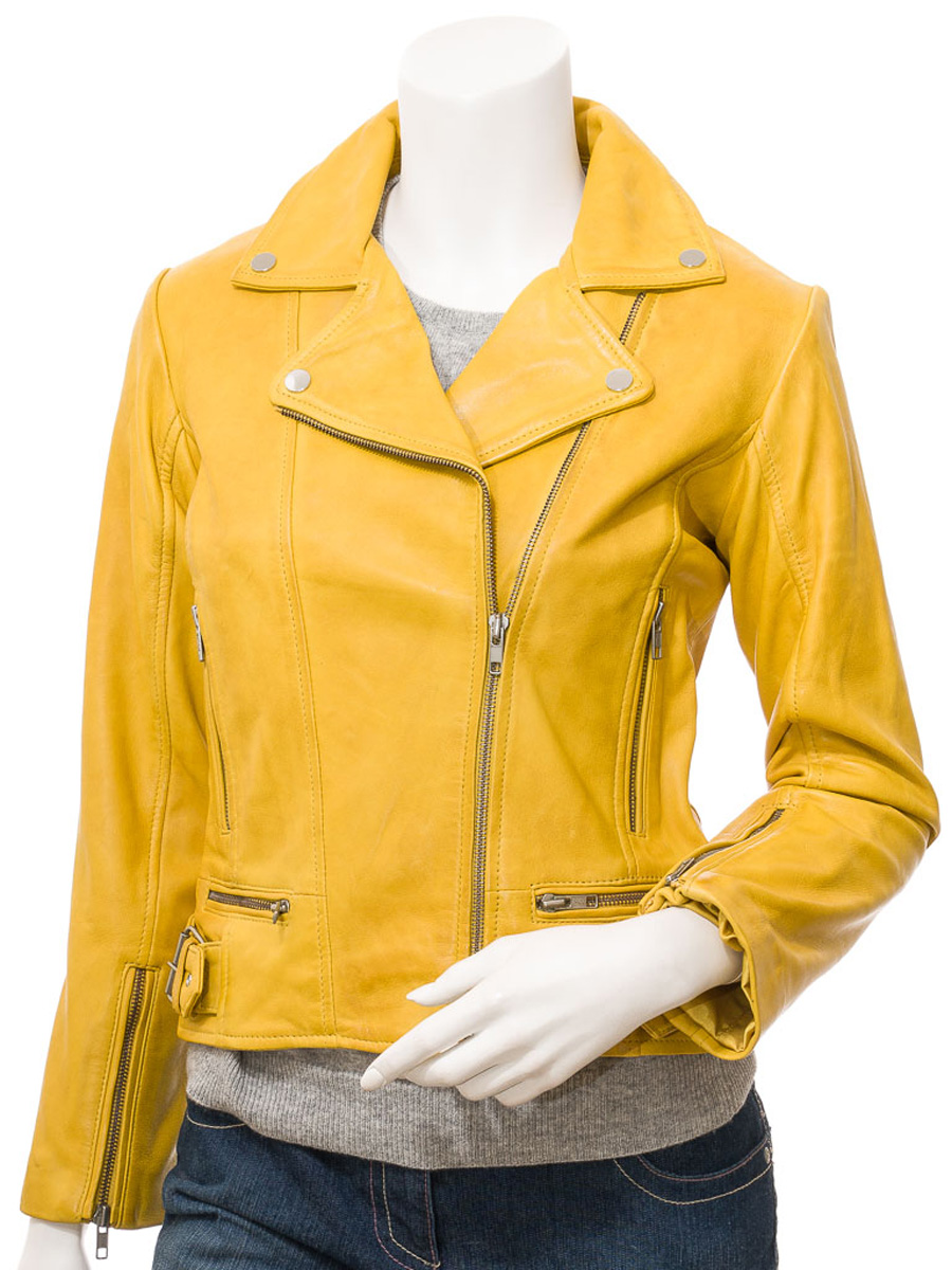 WOMEN'S YELLOW LEATHER BIKER JACKET